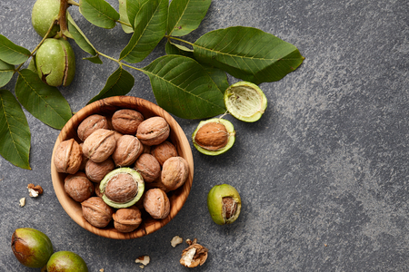 Wooden bowl with fresh walnuts, leaves and nut shell on gray stone background. Autumn seasonal.の写真素材