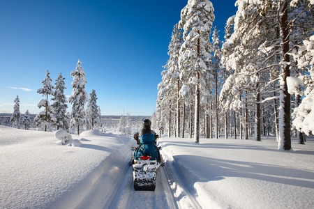 Sunny winter landscape with a man traveling Finnish Lapland with snowmobileの写真素材
