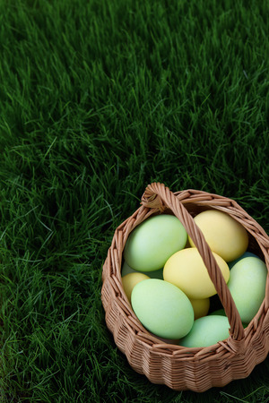 Green and yellow easter eggs basket in a grass meadowの写真素材