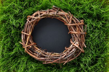 Easter spring background with bird nest in grassの写真素材