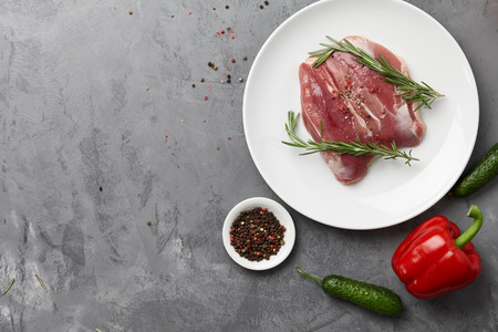 Raw duck breast in white plate with vegetablesの写真素材