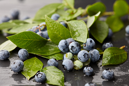 Wet blueberry in drops with leaves close up on stone backgroundの写真素材