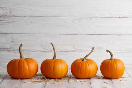 Orange halloween pumpkins on white planks, holiday decorationの写真素材