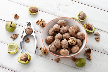 Fresh walnuts bowl, nutshell and nutcracker on white wooden backgroundの写真素材