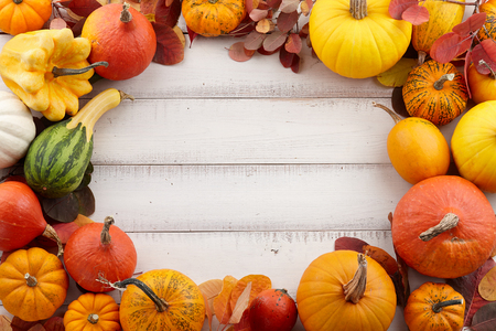 Colorful autumn pumpkins and leaves frame, fall season backgroundの写真素材