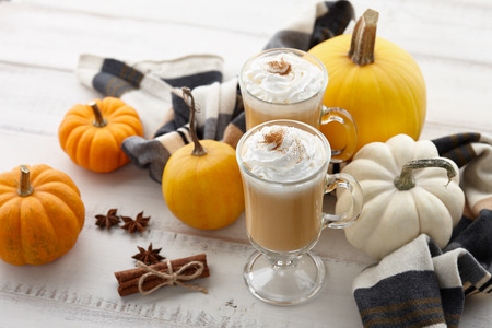 Fall pumpkin spice latte with whipped cream and cinnamon, ornamental pumpkins and warm woolen scarf on white wooden backgroundの写真素材