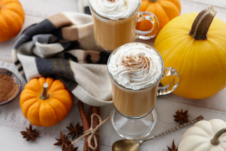 Fall pumpkin spice latte with whipped cream and cinnamon, ornamental pumpkins and warm woolen scarf on white wooden backgroundの写真素材
