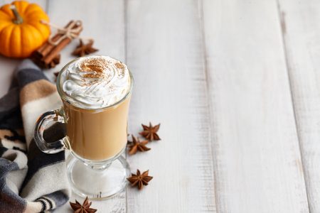 Fall pumpkin spice latte with whipped cream and cinnamon, ornamental pumpkins and warm woolen scarf on white wooden background, copyspaceの写真素材