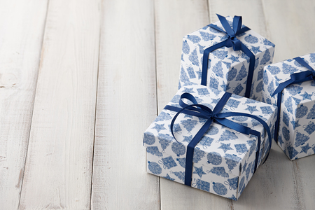 Blue and white Christmas gifts or present boxesの写真素材