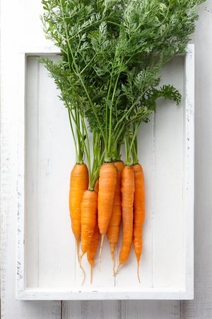 Fresh carrots bunch in white wooden tray, top viewの写真素材