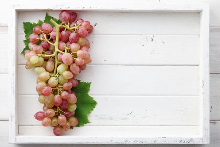 Red grapes bunch with leaves in white wooden tray, space for textingの写真素材