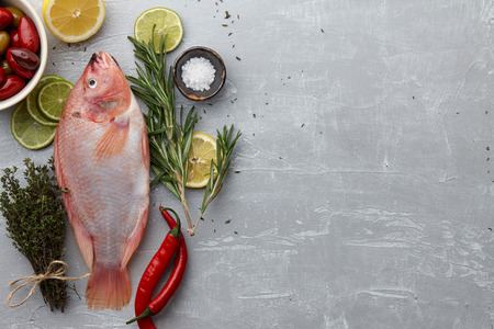 Raw red tilapia fish cooking with herbs, spices, chili pepper, olives and lemon on gray stone background, top viewの写真素材