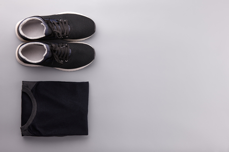 Mens summer casual clothing outfits and accessories flat lay on gray background, top viewの写真素材