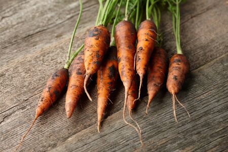 Bunch of fresh unwashed carrots with greens on old wooden planks, close up viewの写真素材