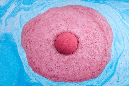 Pink bath bomb foaming in water, close up viewの写真素材