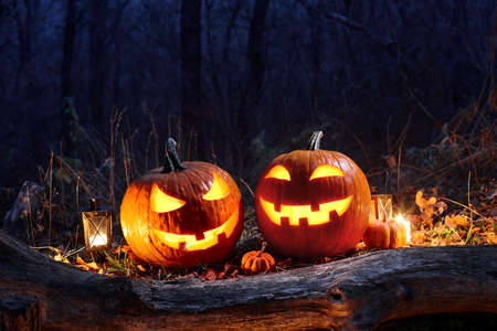 Halloween pumpkins burning in forest at night, holiday conceptの写真素材