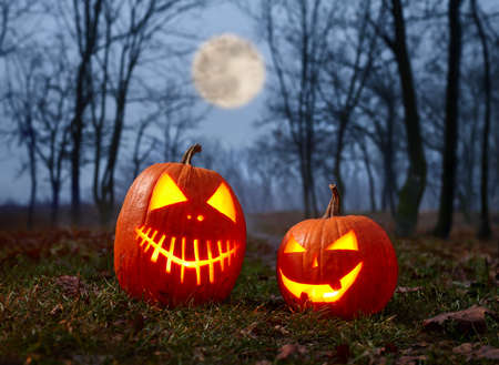 Halloween pumpkins burning in forest at night, holiday conceptの写真素材