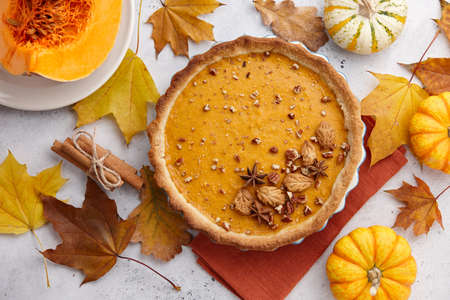 Traditional pumpkin pie for Thanksgiving day. Holiday dessert.の写真素材