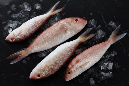 Fresh red mullet fish on black stone background, top viewの写真素材