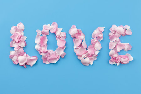 Word love made of rose petals on blue backgroundの写真素材