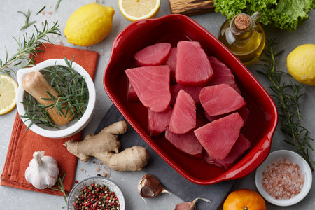 Tuna fish, herbs and ingredients for cooking. Mediterranean cuisine.の写真素材