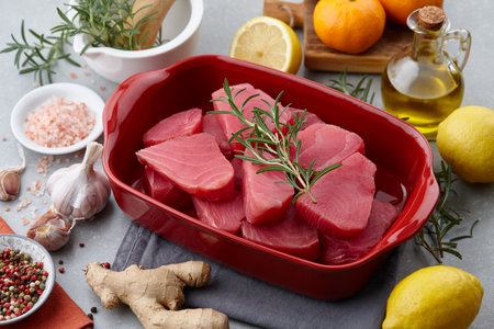 Tuna fish, herbs and ingredients for cooking. Mediterranean cuisine.の写真素材