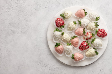 Chocolate dipped strawberries mix on marble board, copy spaceの写真素材
