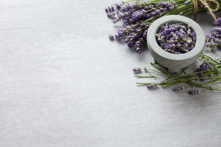 Fresh lavender blossoms bowl on gray concrete background, copy spaceの写真素材