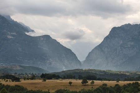 Landscape of Valbone valley gates at sunset, Albania
