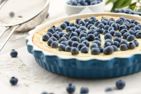 Blueberry pie or tart with fresh berries, close up viewの写真素材