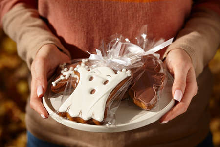 Woman holding halloween gingerbread biscuits in plate outdoors in sunny dayの写真素材