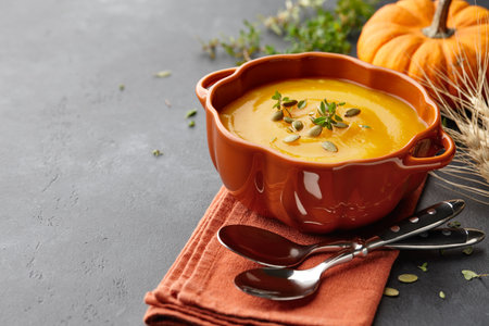 Pumpkin soup with thyme herb, cream and pumpkin seeds served in orange pumpkin shaped bowlの写真素材