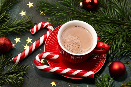 Hot chocolate drink with christmas candy canesの写真素材