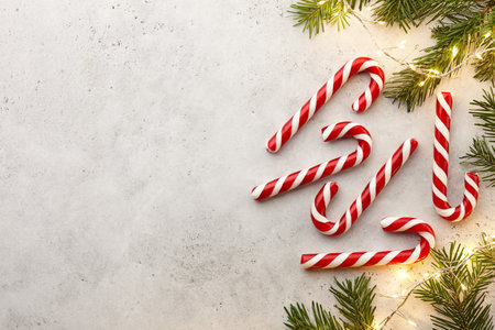 Sweet candy canes with fur tree decorations and christmas lightsの写真素材