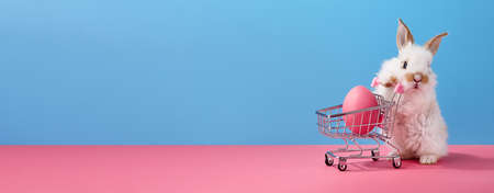 Easter bunny rabbit with shopping basket and painted egg, copy spaceの写真素材