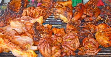 Thai Grilled Food Especially Egg, Chicken, Chicken Intestine, Fish, Meat, Meat Ball, Pork, Sausage etc.の写真素材