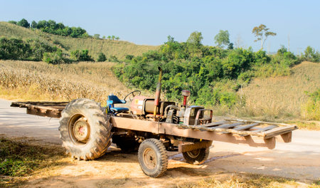 The Unloaded Motor Truck beside Cornfield on Hill.の写真素材
