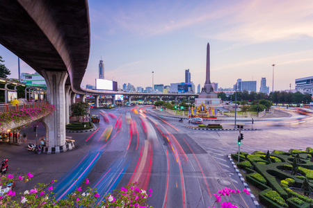 Bangkok, January, 2015: The Victory monument of Thailand, a statue builded in 1941 for commemorating Thailands victory in the Thai-France war in Southeast Asia. This picture shows business buildings, hotels, modern constructions and transportation in Bangのeditorial素材