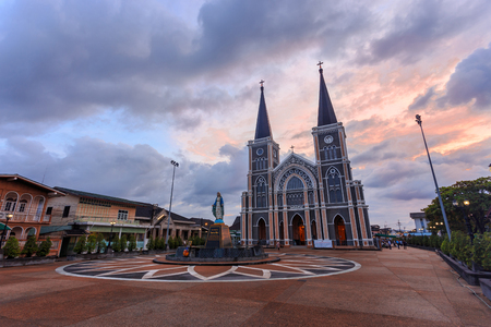 Chantaburi, Thailand - 13 September 2015: Maephra Patisonti Niramon, the ancient catholic church in Gothic Style in Chantaburi province, Thailand. People come to the church early Sunday Moring.のeditorial素材