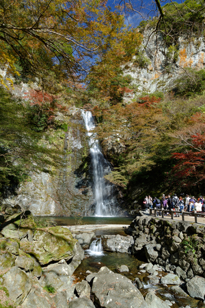 Osaka, Japan - November 27, 2015: Mino waterfall in Mino Quasi-national Park in Osaka, tourists enjoy to take photo with the waterfall in the autumn season.のeditorial素材