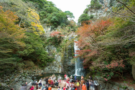 Osaka, Japan - November 27, 2015: Mino waterfall in Mino Quasi-national Park in Osaka, tourists enjoy to take photo with the waterfall in the autumn season.のeditorial素材