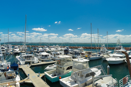 Sydney, Australia - February 22, 2017: Yachts and motor boats at Port Stephens, Nelson Bay, Australia.のeditorial素材