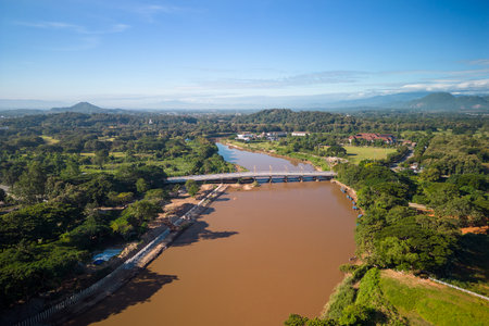 Aerial view of drone flying above Kok River, Chiang Rai Province, Thailandの写真素材
