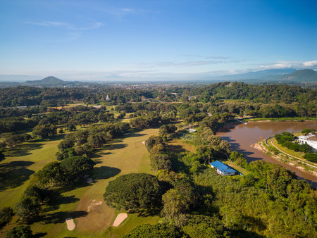 Aerial view of drone flying above Kok River, Chiang Rai Province, Thailandの写真素材