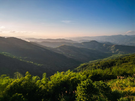 Aerial view of drone flying above Doi Pha Hi, Mae Sai, Chiang Rai province, Thailandの写真素材