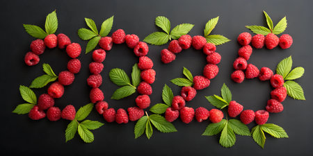 The number â2025â is crafted from bright raspberries and compact green leavesの素材