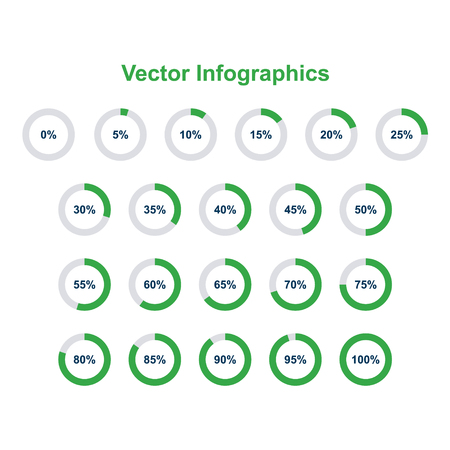 Set of pie chart infographic elements. 0, 5, 10, 15, 20, 25, 30, 35, 40, 45, 50, 55, 60, 65, 70, 75, 80, 85, 90, 95, 100 percents .のイラスト素材