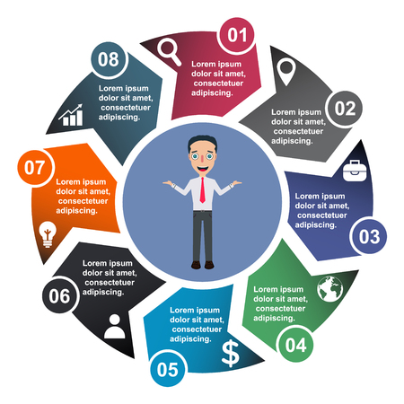 8 step vector element in eight colors with labels, infographic diagram. Business concept of 8 steps or options with businessman .のイラスト素材