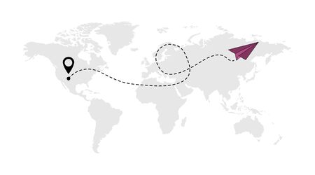 Send line web symbol of air plane flight route with start point and dash line trace isolated on white background .のイラスト素材