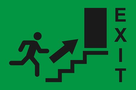 Running man and exit door sign. Vector icon, safety symbol. Escape help evacuation .のイラスト素材
